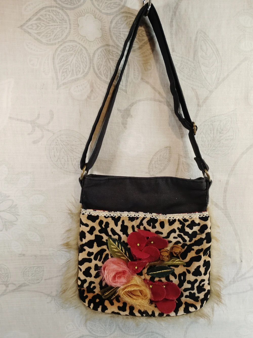 Pier 1 Black and Beige Leopard Crossbody with Red Floral Embroidery